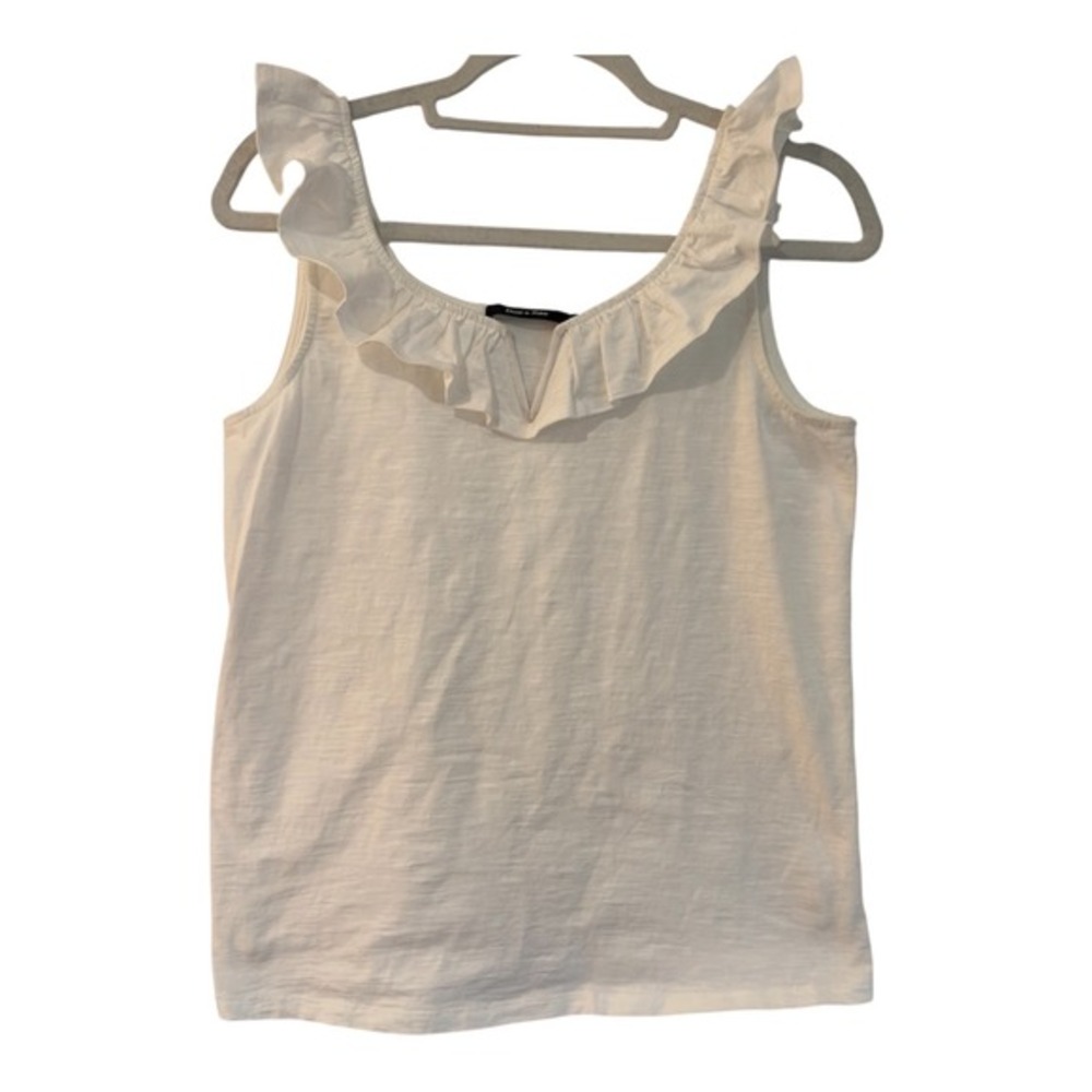 Doe & Rae White Ruffle Neck Cotton Tank Top Sleeveless Slub Knit Shirt Small